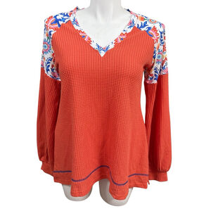 Southern Stitch Orange Waffle Knit Floral Patchwork Long Sleeve Top Size L